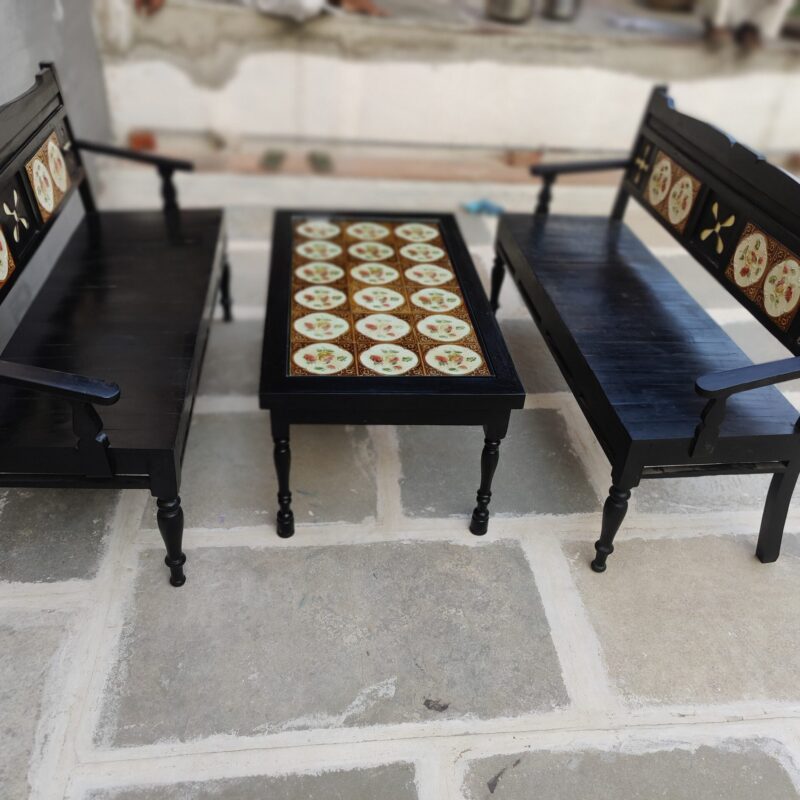 Vintage Wooden Bench Set With Table