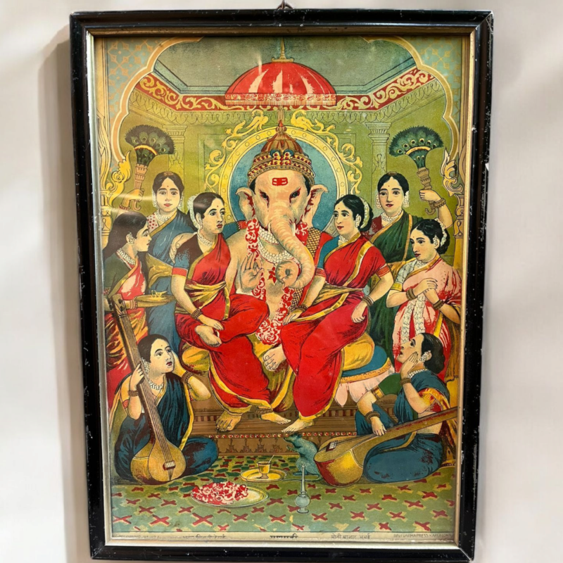 Vintage Ravi Varma Press Original Oleograph – Royal Seated Ganesha With Devotees