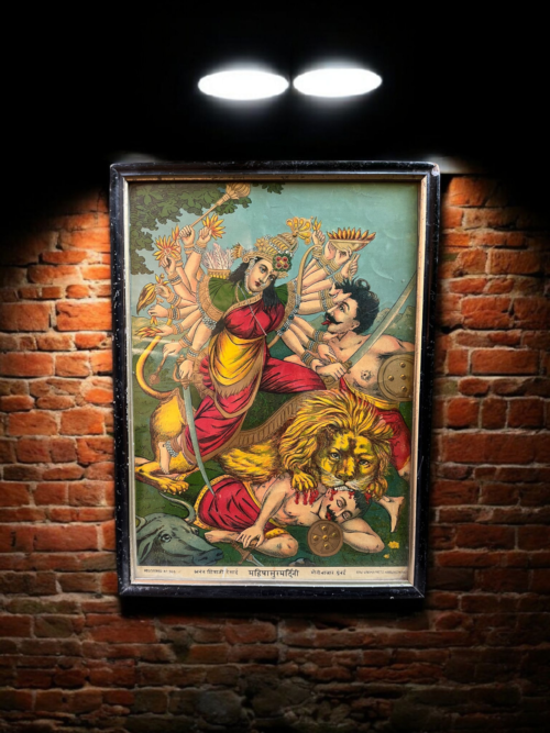 Vintage Ravi Varma Mahishasura Mardini Original Oleograph