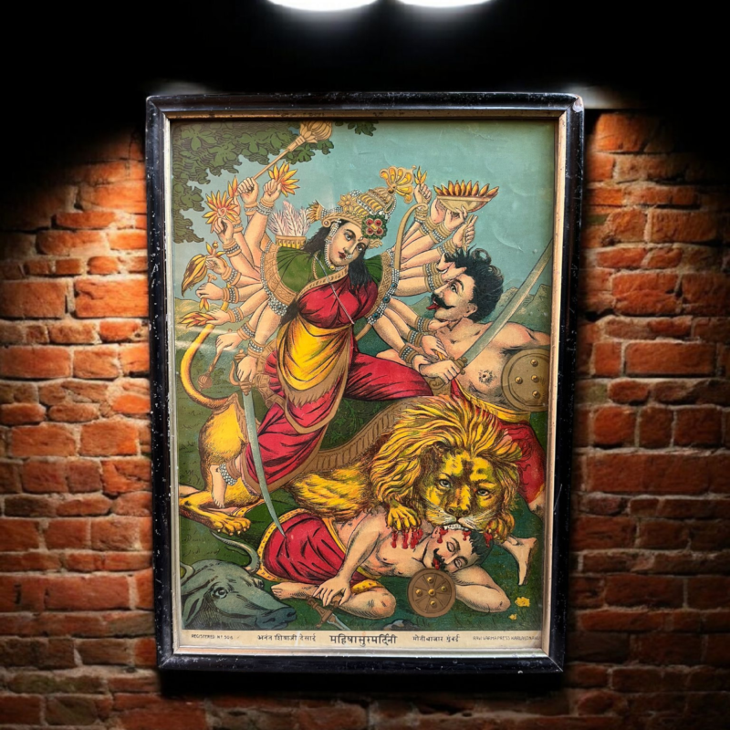 Vintage Ravi Varma Mahishasura Mardini Original Oleograph