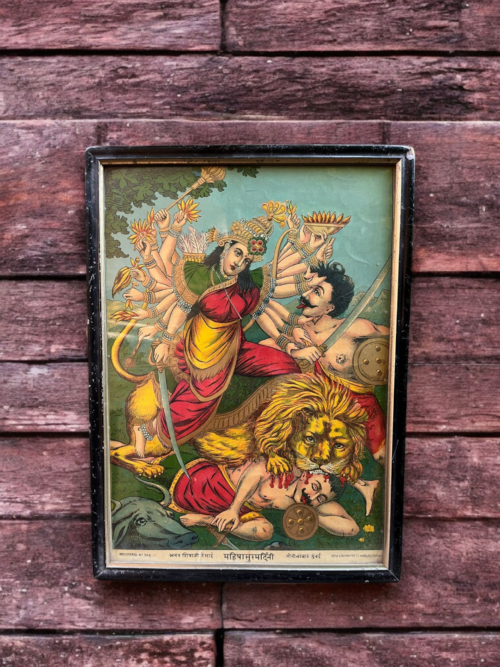 Vintage Ravi Varma Mahishasura Mardini Original Oleograph - Image 2