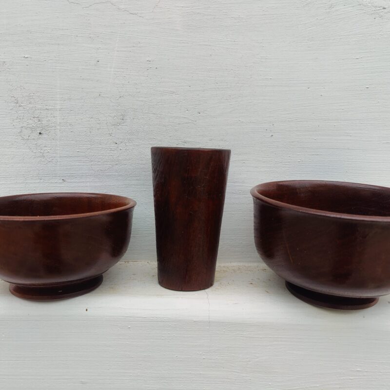 Vintage Wooden 2 Bowl And One Glass Set