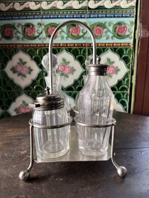 Antique 4 bottles silver plated cruet set