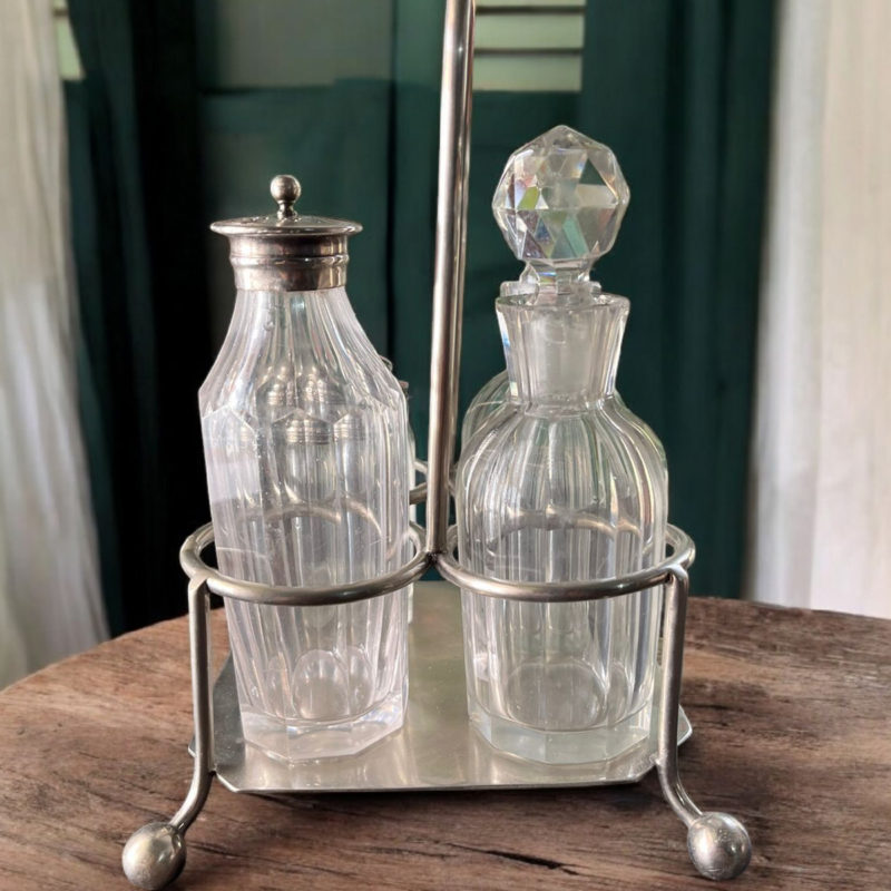 Antique 4 Bottles Silver Plated Cruet Set