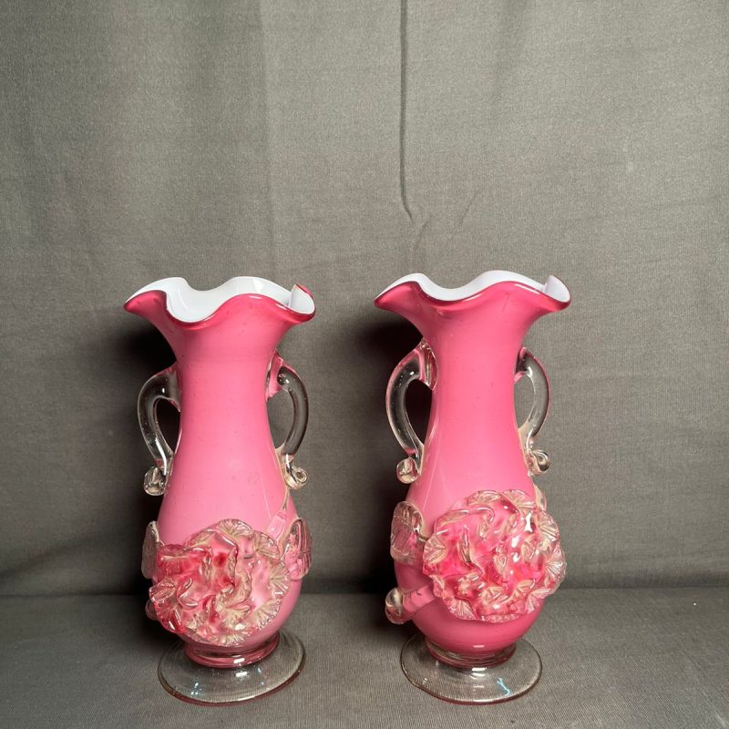 Antique Hand Blown Double Handled Double Color 2 Pcs Vases Set ..