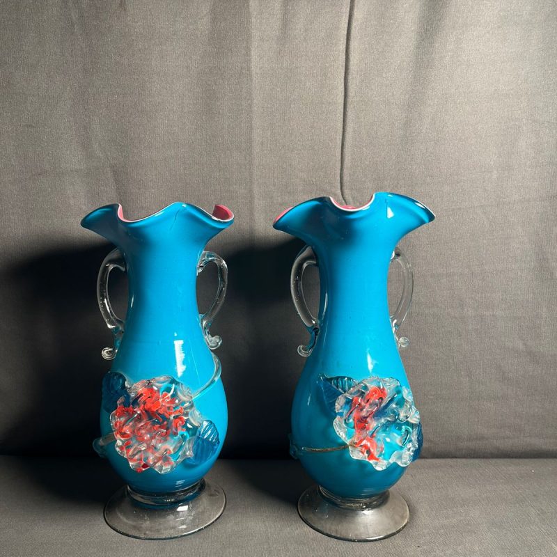 Antique Hand Blown Double Handled Double Color 2 Pcs Vases Set ..