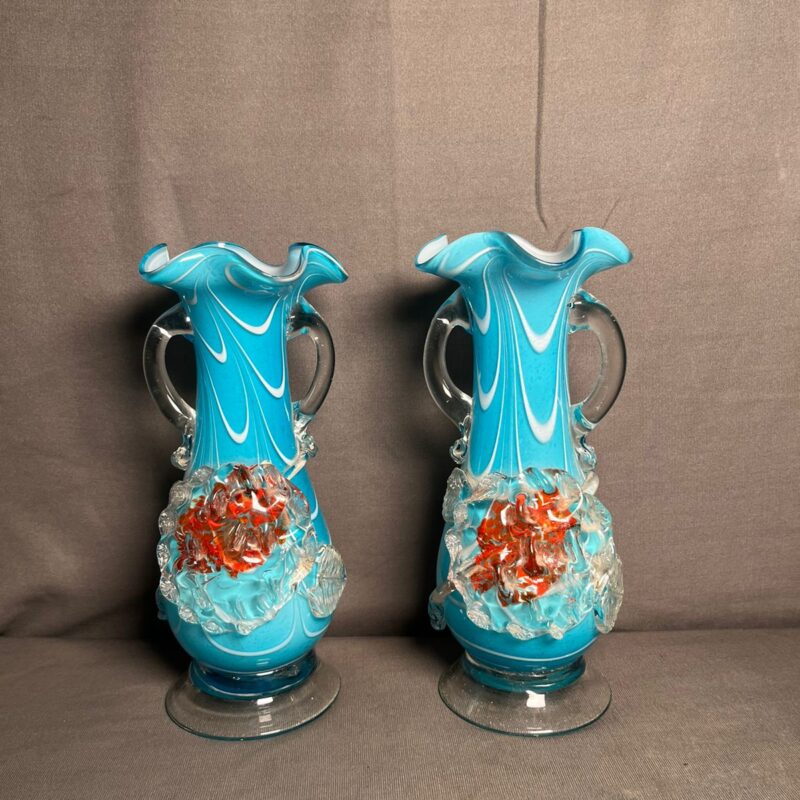 Antique Hand Blown Double Handled Double Color 2 Pcs Vases Set ..