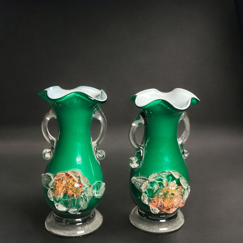Antique Hand Blown Double Handled Double Color 2 Pcs Vases Set ..