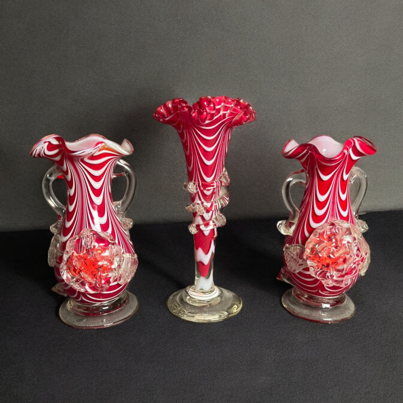 Antique Hand Blown Double Handled Double Color 3 Pcs Vases Set ..