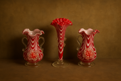 Antique hand blown double handled double color 3 pcs vases set .. - Image 4