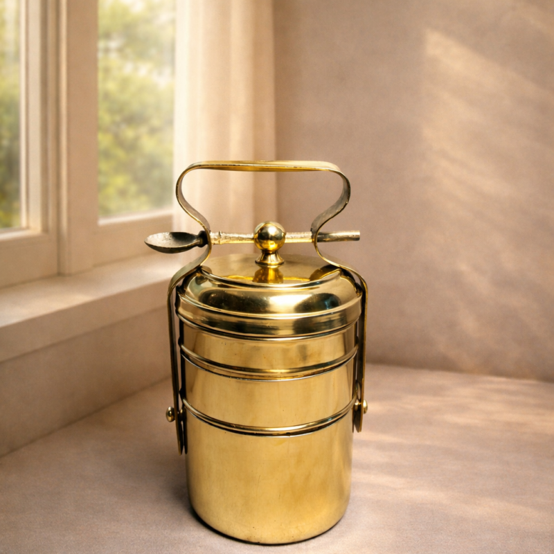 Vintage Brass 3 Tier Spoon Lock Tiffin Box