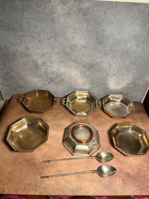 Antique brass tiffin set india lunch 3 serving dishes bowls with 2 spoons - Image 3