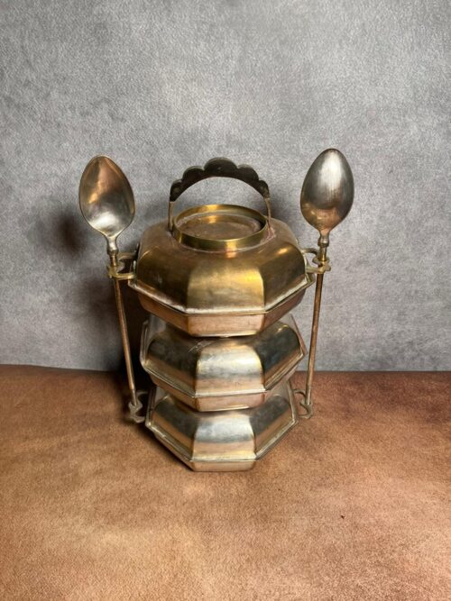 Antique brass tiffin set india lunch 3 serving dishes bowls with 2 spoons - Image 4