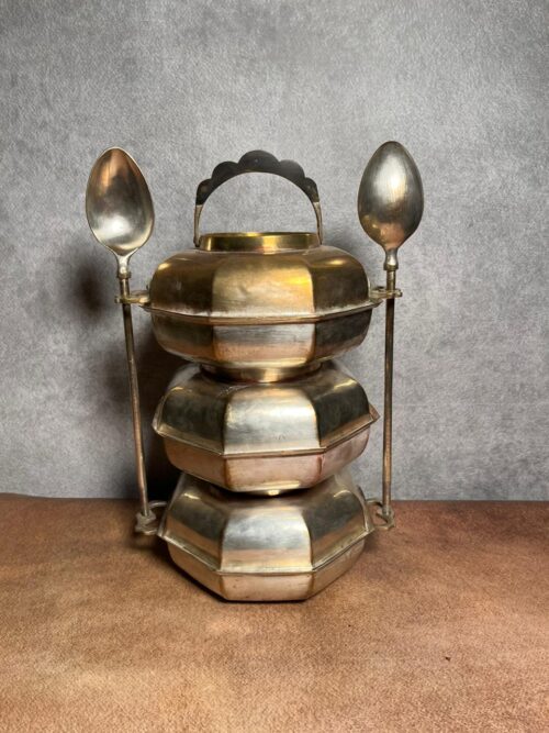 Antique brass tiffin set india lunch 3 serving dishes bowls with 2 spoons - Image 5