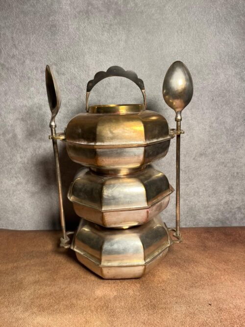 Antique brass tiffin set india lunch 3 serving dishes bowls with 2 spoons