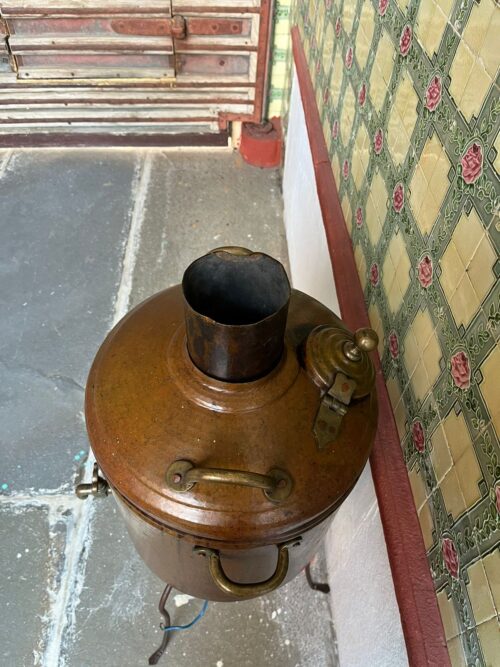 Antique copper hot water heater with iron stand - Image 4