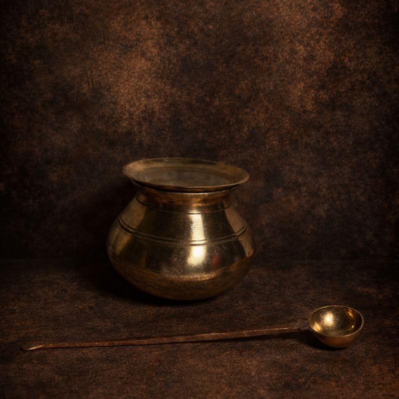 Vintage Bronzee Haandi With Ladle And Lid