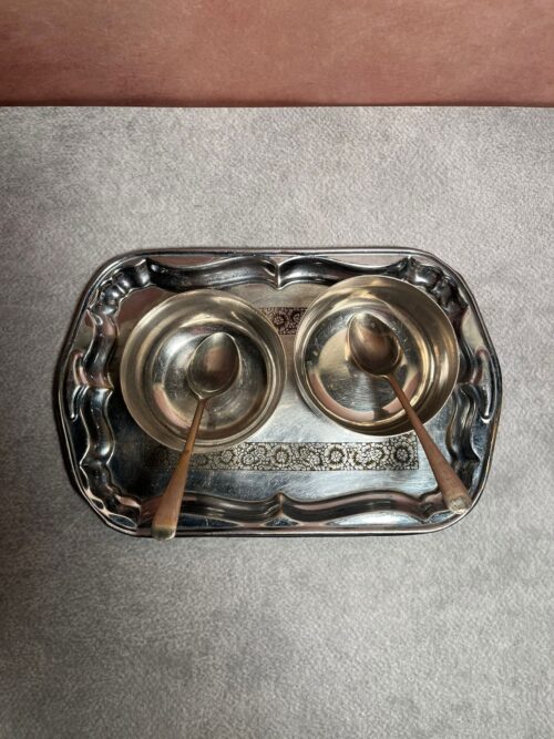 Vintage brass white polished hand carving tray with two bowls and two spoons - Image 2