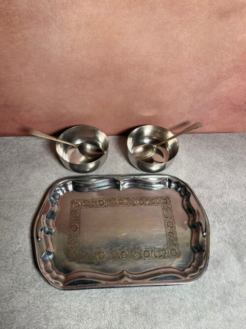 Vintage brass white polished hand carving tray with two bowls and two spoons - Image 4