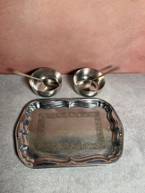 Vintage brass white polished hand carving tray with two bowls and two spoons - Image 5