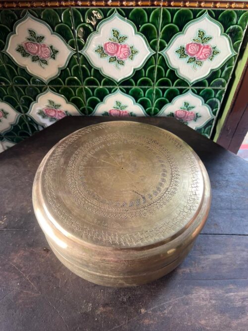 Vintage brass round hand carving chappati box