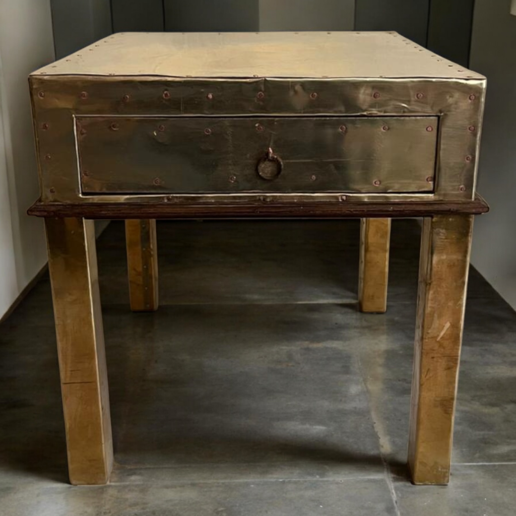 Vintage Wooden On Brass Table With Drawer