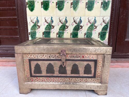 Antique Wooden Chest with Brass Hand Kalam Work