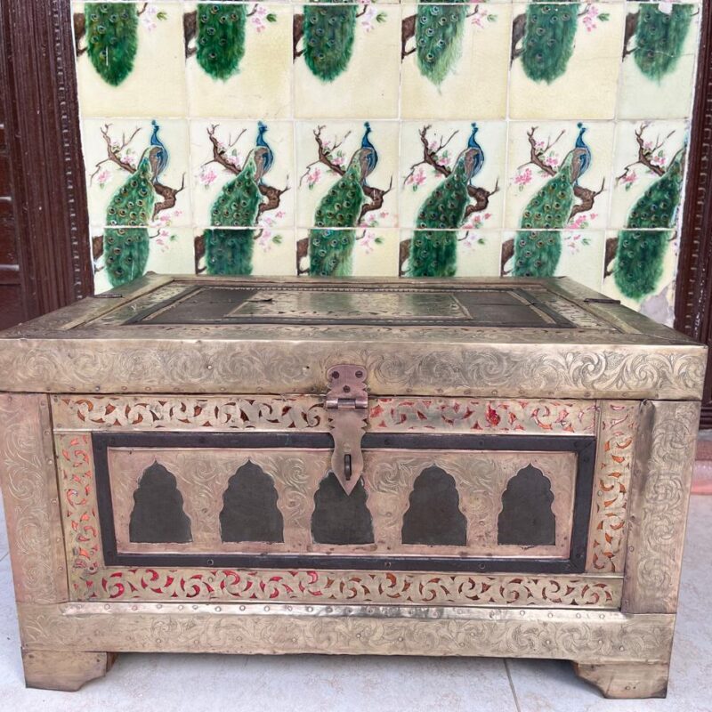 Antique Wooden Chest With Brass Hand Kalam Work