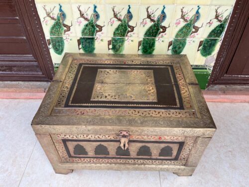 Antique Wooden Chest with Brass Hand Kalam Work - Image 3