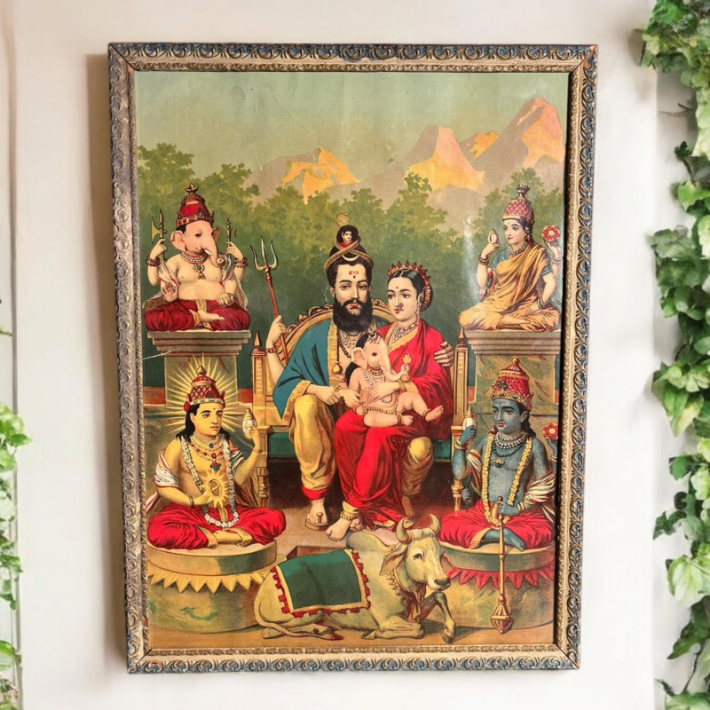 Antique Ravi Varma Shiv Parivar Oleograph