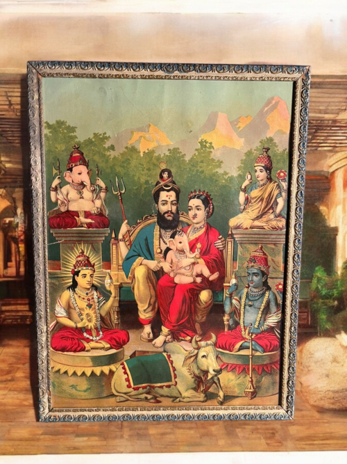 Antique ravi verma shiv parivar oilograph - Image 2