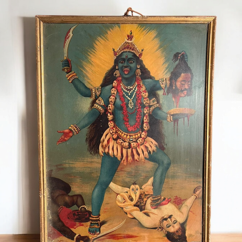 Vintage Original Ravi Varma Oleograph Of Goddess Kali – Circa Early 1900S
