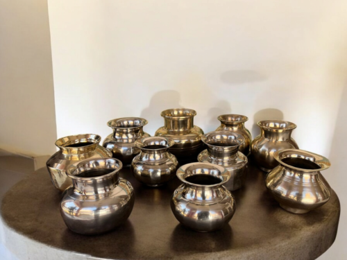 Vintage brass white polished German, silver ,brass ,kaansa mix 10 pcs pot set