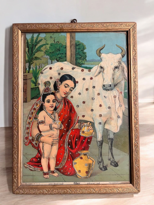 Yashoda with Krishna – Original Ravi Varma Oleograph godohan  (Tari Work) - Image 4