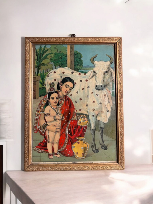 Yashoda with Krishna – Original Ravi Varma Oleograph godohan  (Tari Work)