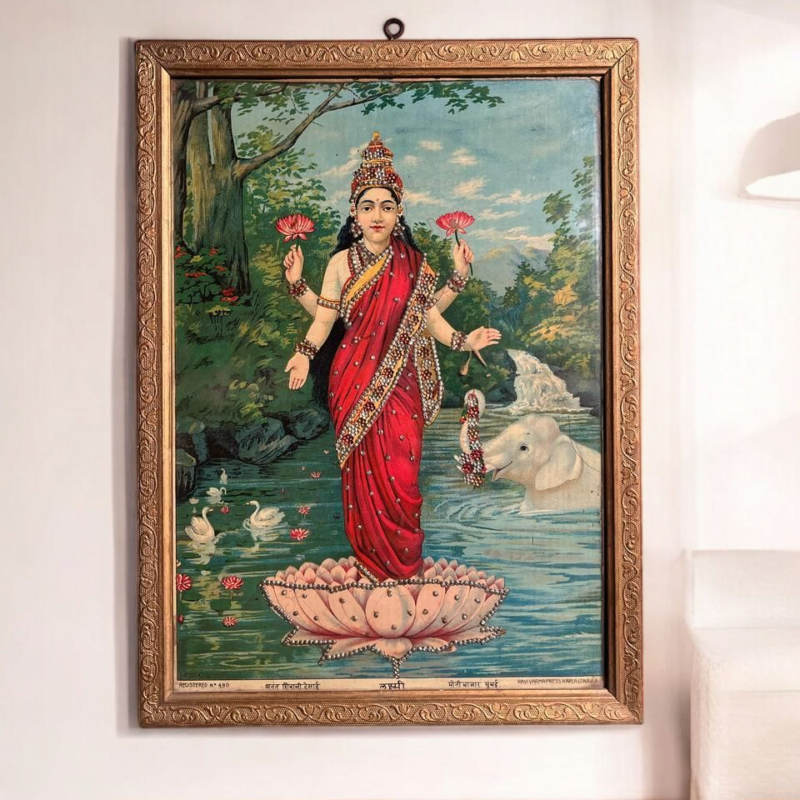 Vintage Raja Ravi Varma Original Ma Laxmi Oleograph (Embellshed)