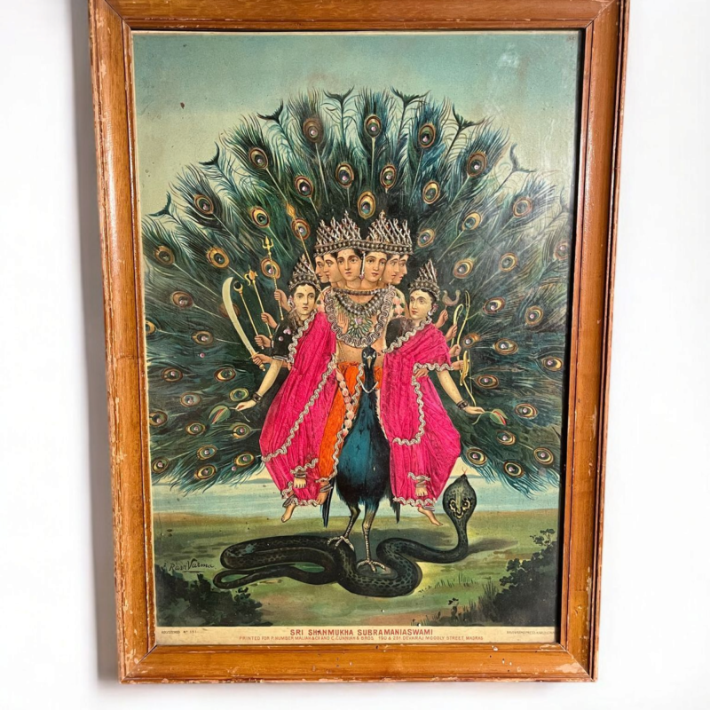 Vintage Original Raja Ravi Varma Oleograph Sri Shanmukha Subramaniaswami With Zardori Work