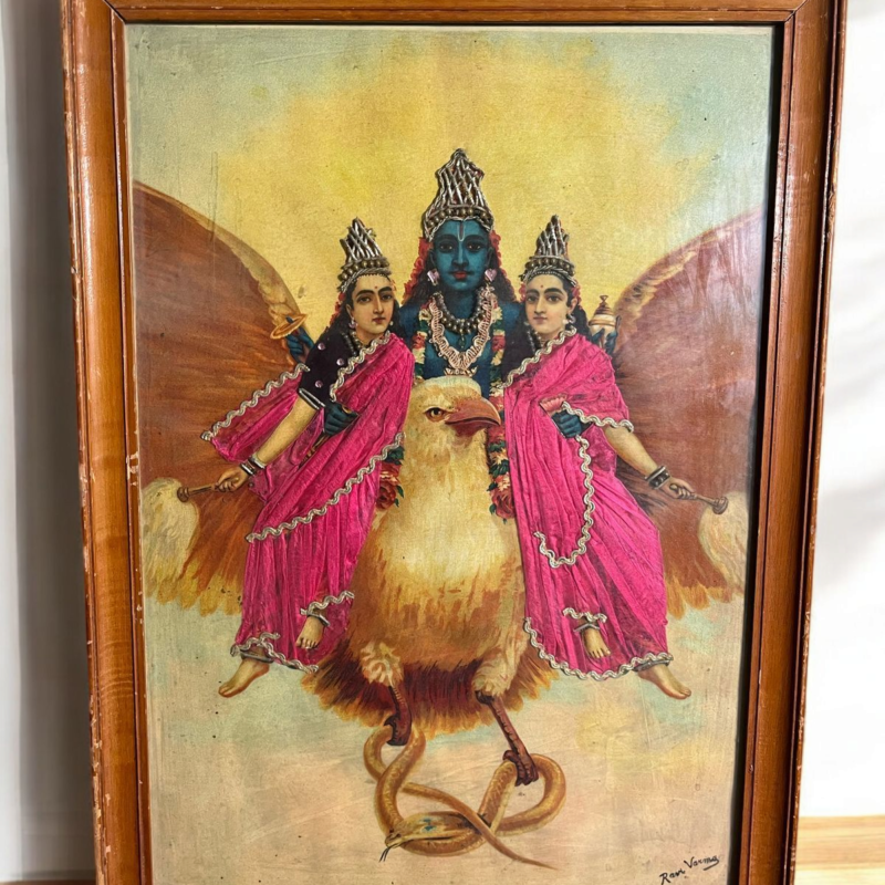 Vintage Raja Ravi Varma Original Oleograph Vishnu Garud Wahan With Zardori Work