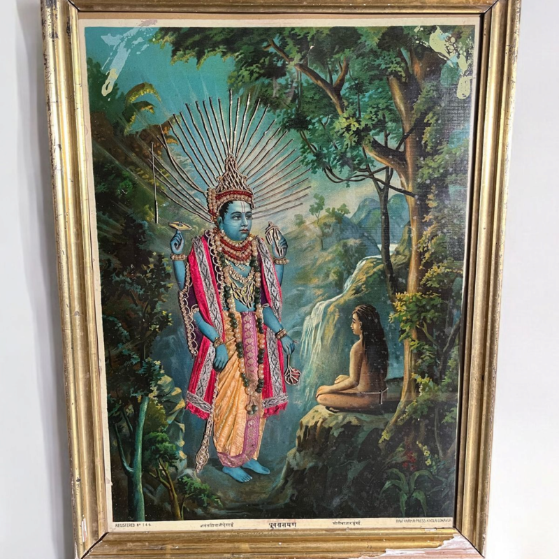 Vintage Raja Ravi Varma Original Oleograph Zardozi Work Dhruvnarayan