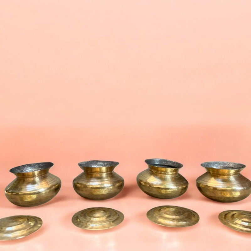 Vintage Brass Small Size 4 Pcs Degchi Set With Lid