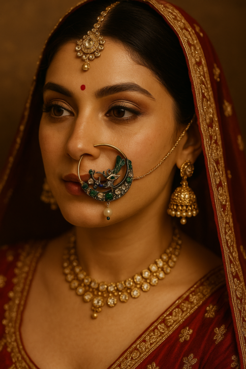 Vintage Peacock Nath with Golkunda Diamonds, Emeralds & Basra Pearl - Image 2