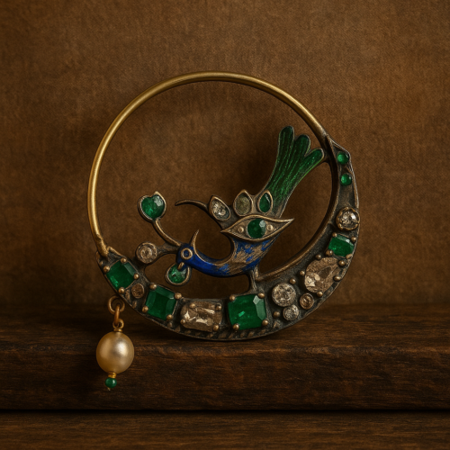 Vintage Peacock Nath with Golkunda Diamonds, Emeralds & Basra Pearl - Image 4
