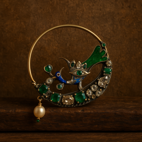Vintage Peacock Nath with Golkunda Diamonds, Emeralds & Basra Pearl - Image 6