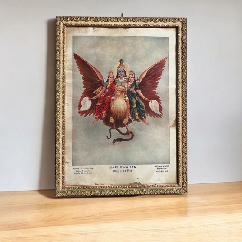 Original Vintage Oleograph – Garudwahan Vishnu (Kanhya Lal Lachhu Mal, Delhi)