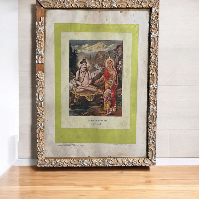 Original Vintage Oleograph – Shanker Parvati With Baby Ganesha (Phoenix P. Works, Ahmedabad)