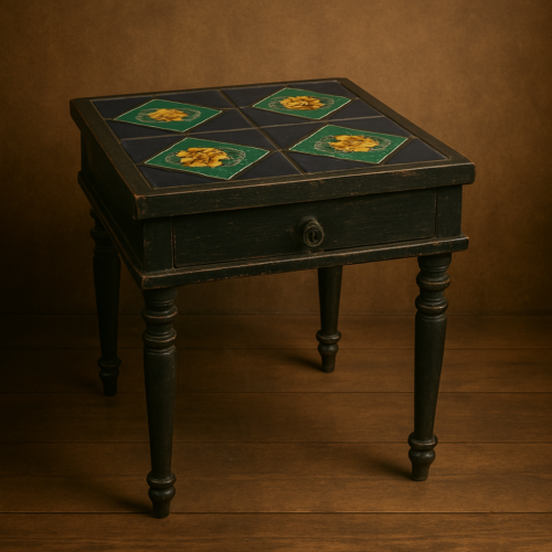 Vintage wooden corner tablie Germany tiles on top - Image 2