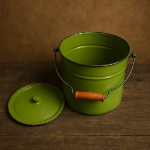 Vintage Lime Green Enamel Bucket with Wooden Handle - Image 3