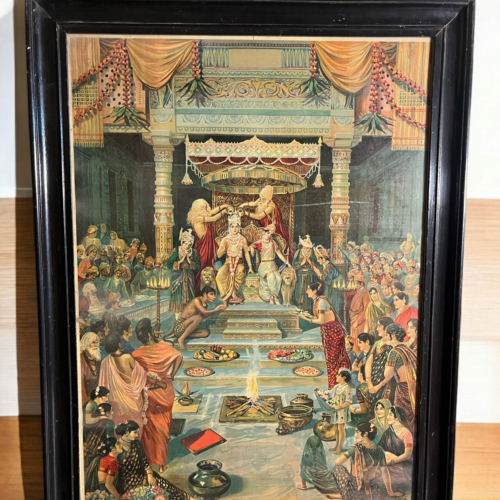 Vintage original ram rajya abhishek by raja ravi varma large size oleograph