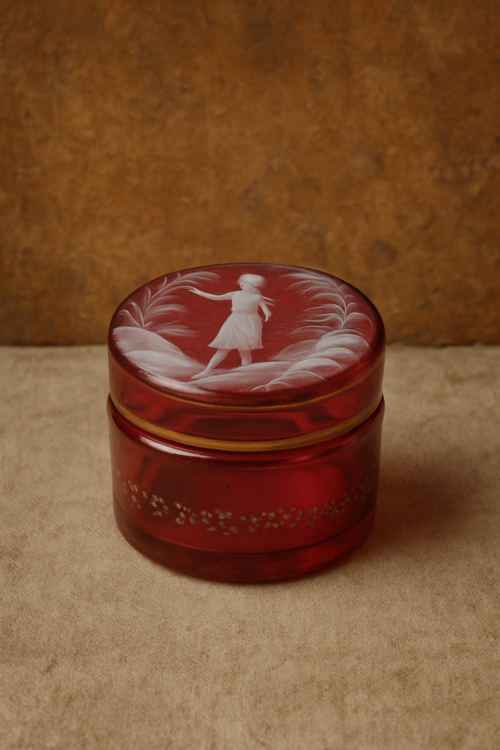 Victorian Ruby Red Hand-Painted Glass Box – 19th Century - Image 2