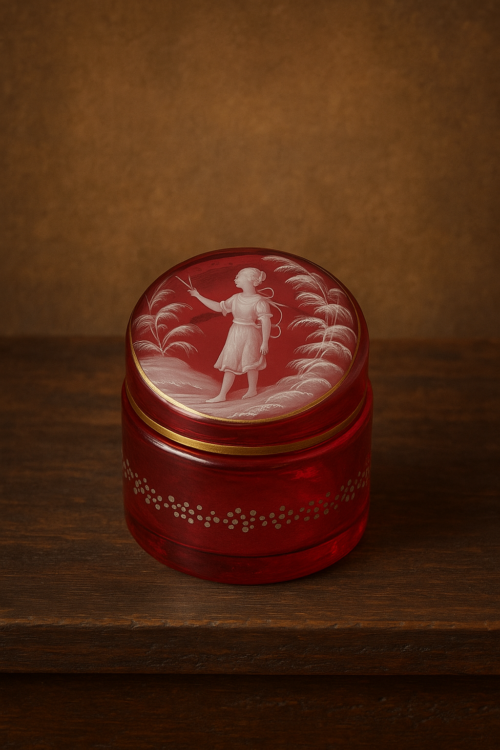 Victorian Ruby Red Hand-Painted Glass Box – 19th Century - Image 4